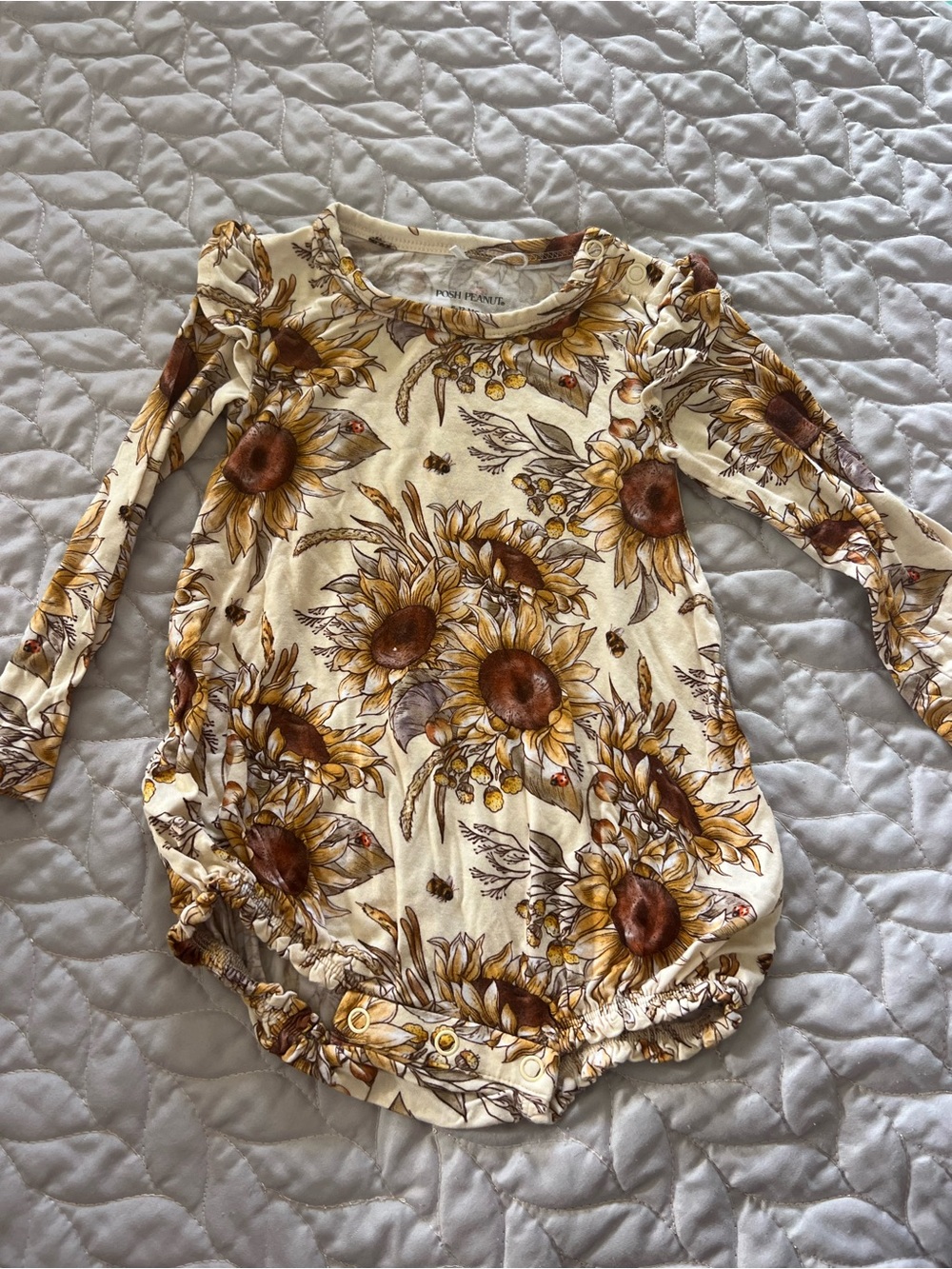 Posh Peanut Cream and Brown Sunflower Long-Sleeve Baby Bodysuit